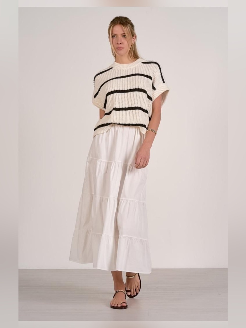 Mixed Media Stipe Sweater Top & Tiered White Maxi Skirt by Elan Size XS